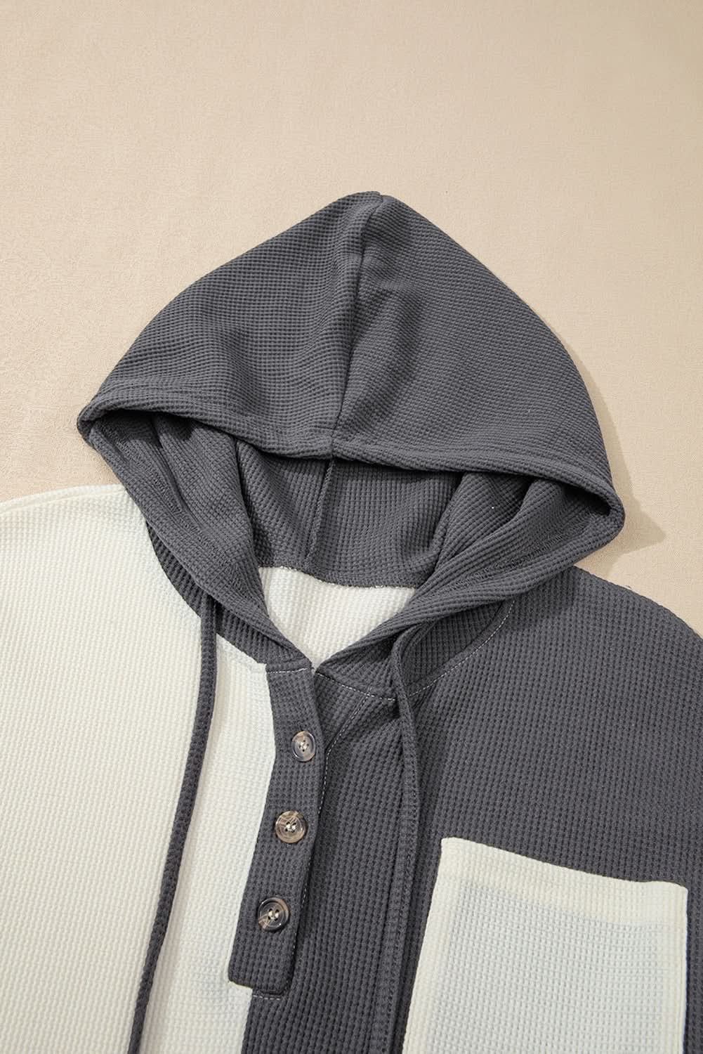 Dark Grey Waffle Colorblock Buttons Placket Drop Shoulder Drawstring Hoodie - Love Salve